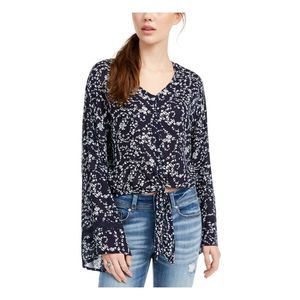 FRESHMAN FOREVER Womens Navy Tie-waist Crochet-trim Bell Sleeve Blouse Juniors L